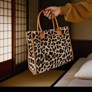 Leopard Print Faux Fur Tote Bag with Tan Trim